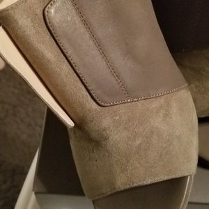 Gray dude and leather heeled mules
